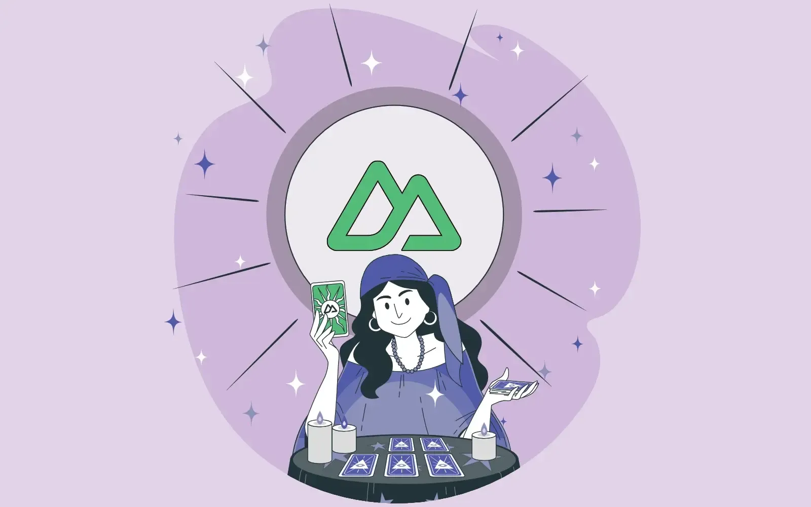 Line-art fortune teller holding a card with the Nuxt logo